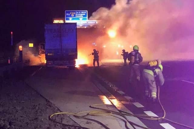 A lorry carrying frozen food caught fire on the M1 in Northamptonshire.