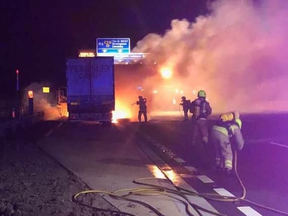 A lorry carrying frozen food caught fire on the M1 in Northamptonshire.