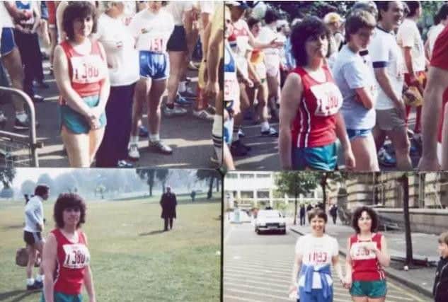 Ros (wearing the red top and green running shorts) taking part in the London Marathon back in 1982.