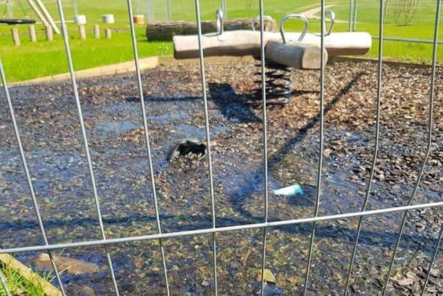 Flooding has been a problem for footpaths and play equipment like this four-way seesaw.