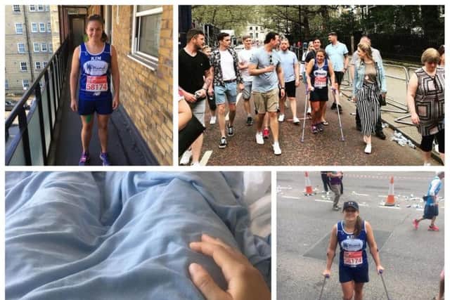 Kim Lappin broke her hip on the 22nd mile of the London Marathon. But with a set of crutches, she crossed the finish line.