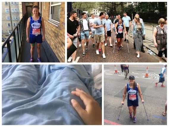 Kim Lappin broke her hip on the 22nd mile of the London Marathon. But with a set of crutches, she crossed the finish line.