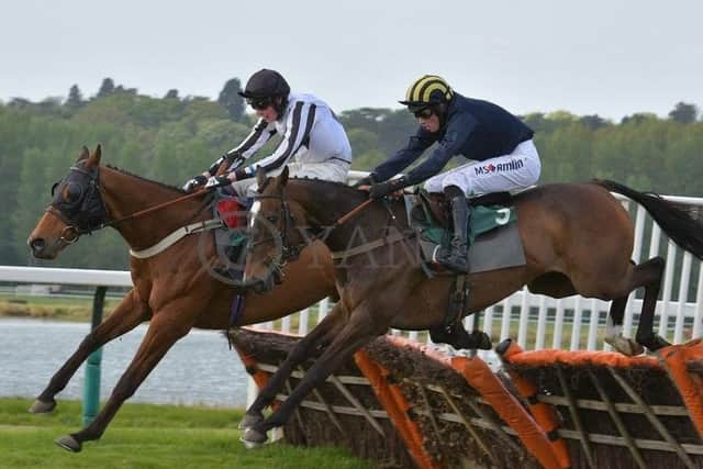 RIDDLESTOWN (far side) and jockey Jack Andrews are shown here in winning form over hurdles at Towcester last May (Picture: David Yanez)
