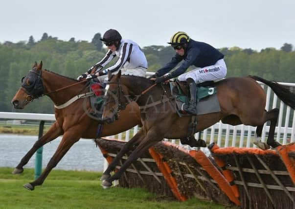 RIDDLESTOWN (far side) and jockey Jack Andrews are shown here  in winning form over hurdles at Towcester last May (Picture: David Yanez)