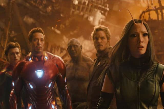 Tom Holland as Spider-Man/Peter Parker, Robert Downey Jr. as Iron Man/Tony Stark, Dave Bautista as Drax, Chris Pratt as Star-Lord/Peter Quill and Pom Klementieff as Mantis