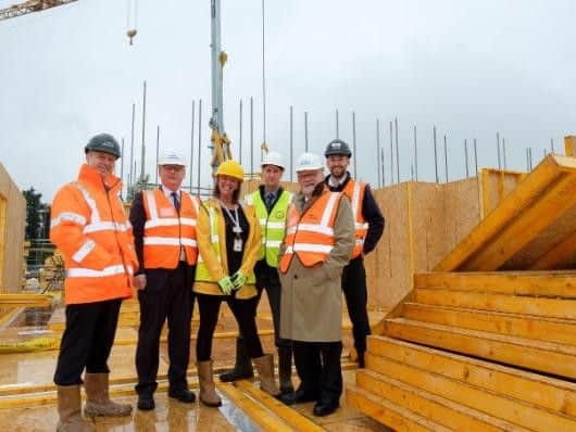 From left to right: Nathan Brough (Regional Director at construction firm ENGIE), Councillor Jonathan Nunn (Leader of Northampton Borough Council), Kelly Nicholls (Project Coordinator at NPH), Mike Kay (Chief Executive at NPH), Councillor Stephen Hibbert (Cabinet Member for Housing and Wellbeing at Northampton Borough Council) and Richard Turner (Project Manager at ENGIE).