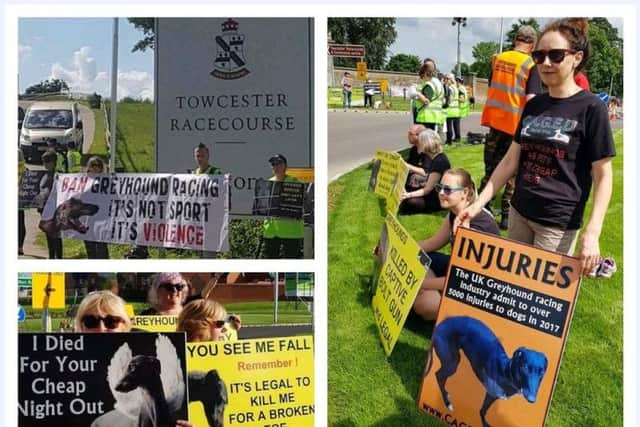 More than 60 people gathered outside the entrance to the venue to protest ahead of the Greyhound Derby race