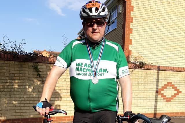 In training, Andrew took on the Tour of Cambridgeshire 165-mile cycling challenge in four hours.