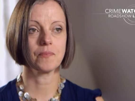 Emma Webb says a man tried to force her into his car while she was out on a lunchtime walk. Courtesy of BBC Crimewatch Live.