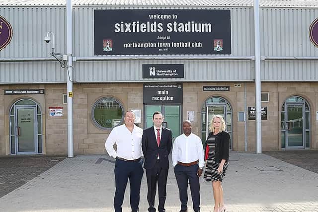 Matt Joyce (left) pictured at the announcement of Sixfields Stadium's renaming. Picture: Pete Norton