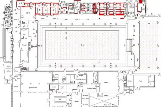 The lines in red mark where walls were knocked down.