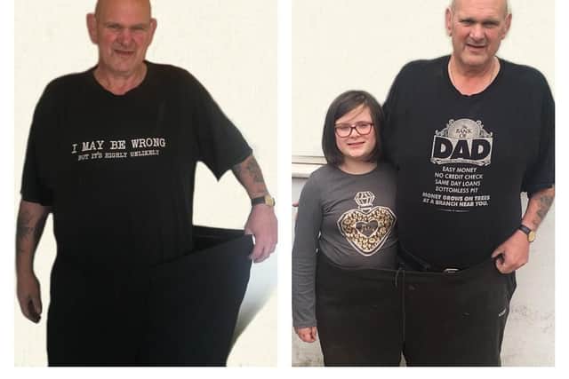 Ian can now fit into one leg of the trousers he once wore at 25 stone and his daughter in the other leg.