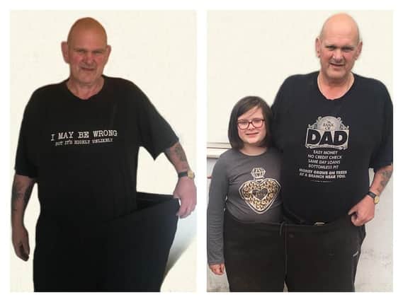 Ian can now fit into one leg of the trousers he once wore at 25 stone and his daughter in the other leg.