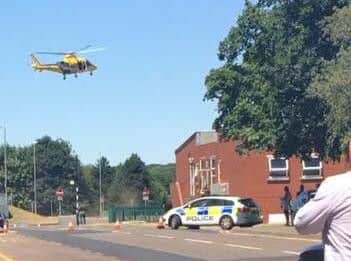 An air ambulance takes off from Weston Favell yesterday.