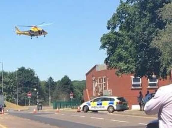 An air ambulance takes off from Weston Favell yesterday.