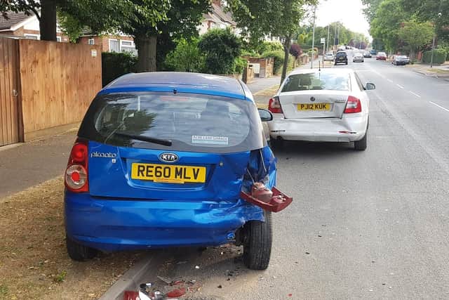 The driver hit the blue Kia so hard it shunted the Octavia in front of it. The driver then left the scene.