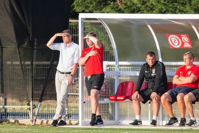 WORK TO DO: Dean Austin watches on as his side battle their way to a 1-0 victory over Brackley Town at St James Park on Tuesday evening. Picture: Kirsty Edmonds