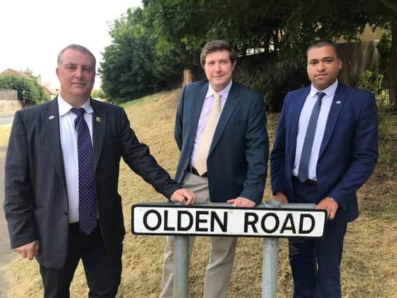 Pictured left-right: Borough and county councillor Andrew Kilbride, Andrew Lewer MP for Northampton South and borough councillor James Hill.