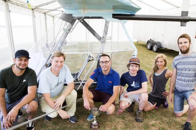 From left to right: Jason Chanian, Alec Proudfoot, Niall Paterson, Kit Buchanan, Mara Jennings and Lewis Rawlingson pictured in front of Aerocycle 301.