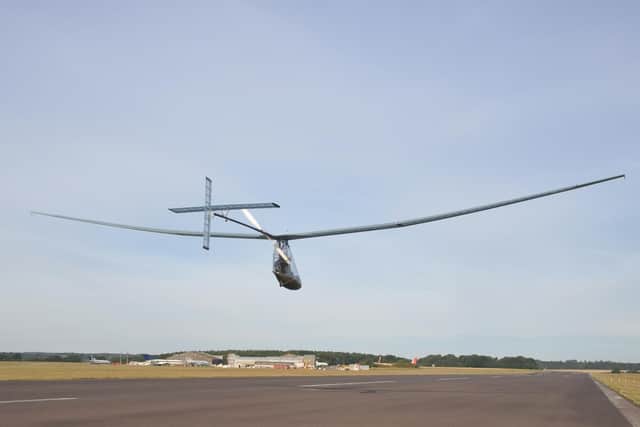 Aerocycle 301 in flight at Lasham Airfield.
