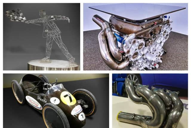 Clockwise from top: Chequered Flag statue, a limited edition Cosworth engine coffee table, Cosworth car part, and Barry Sheene's soapbox car