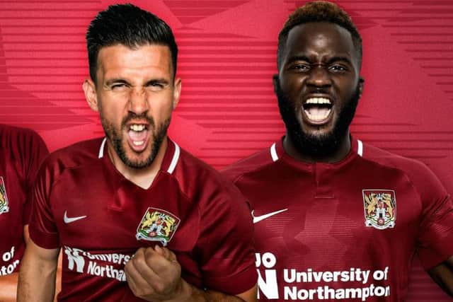 Dave Buchanan and Junior Morias show off the new Cobblers home kit