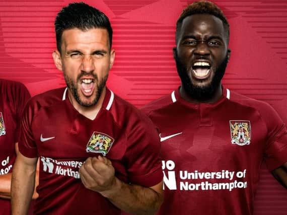 Dave Buchanan and Junior Morias show off the new Cobblers home kit
