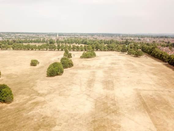 Aerial footage of the Racecourse shows how parched and dry the grass is. Courtesy of Peter Kennedy.