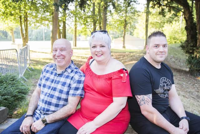 Mandy Orton is recovering from breast cancer and organised an evening of comedy to raise money for her peer support group.
L-R: Pete Teckman (compere) Mandy Orton and Lewis Dellar (singer).
