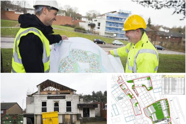 Mike Kay (left), the chief executive of Northampton Partnership Homes pictured with William Jacobs as plans to redevelop the area around the Tanners pub were announced