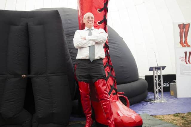 The original Kinky Boots boss, Steve Pateman pictured wearing his own creations at the Kinky Boots showing at Becket's Park last month.