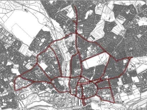 The roads highlighted would be covered by the new Air Quality Management Area for the entire town centre