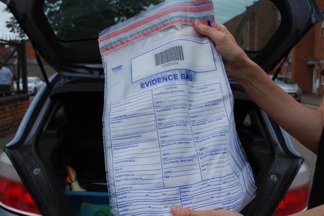 Sarah's investigation kit includes wet wipes, evidence bags and sharps boxes for syringes.