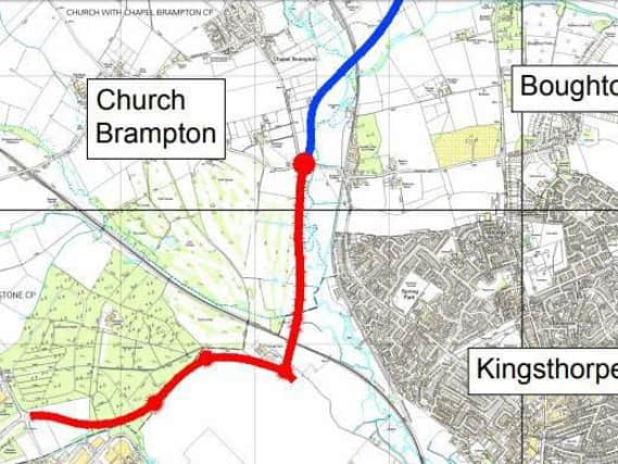 The proposed route of the North West Relief Road (in red). Traffic along Brampton Lane, at its most easternmost edge, could increase by 87 percent if Buckton Fields Phase Two is approved this evening.