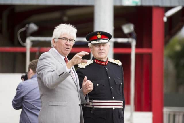 Francis Oliver, the chairman of Brackley Town FC, talks with Northamptonshire Lord Lieutenant David Laing (picture: Kirsty Edmonds)