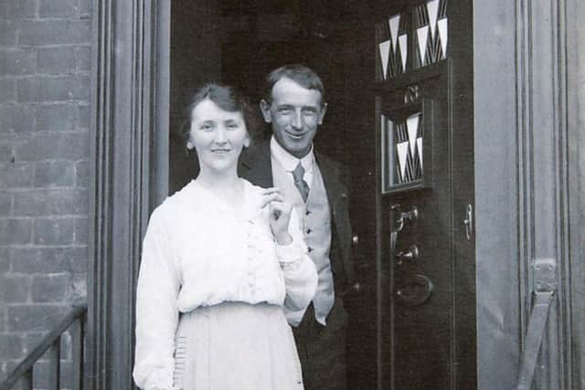Tryphena stood on the doorstep of 78 Derngate with her husband Wenman Joseph Bassett-Lowke.