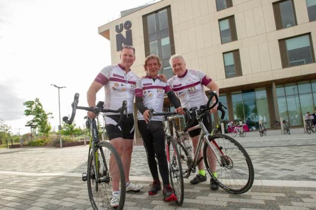 Pictured from L-R: chair of organising committee Robert Whittle, former Hope Centre user Anthony Fitzgerald and retired chair of the Hope Centre Adrian Price pictured at the Waterside Campus on their ride back to Northampton on September 6.