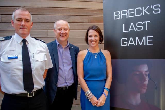 Pictured l-r: Assistant Chief Constable James Andronov, Northamptonshire Police and Crime Commissioner Stephen Mold and Breck's mum Lorin LaFave.