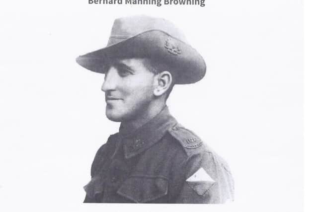 Bernard Manning Browning from the Australian 28th Infantry Battalion. But why does he have an ornate plaque in a Harlestone church?