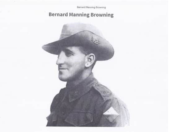 Bernard Manning Browning from the Australian 28th Infantry Battalion. But why does he have an ornate plaque in a Harlestone church?