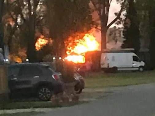 A caravan caught fire at Billing Aquadrome last night. Photo courtesy of Jay Jonees.