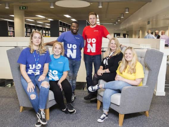From l-r: Advertising and digital marketing students Emily Pearson, Millie Whomes, Tamba Sumana, James Glew, lecturer Kardi Somerfield and Sophie Perkins.