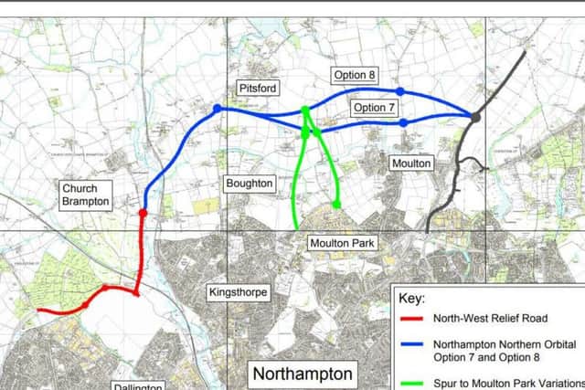 The Northampton Northern Orbital options are in blue. Money for the relief road - in red - is already agreed, leading to fears traffic from Dallington Grange will simply be funnelled through Chapel Brampton and Kingsthorpe