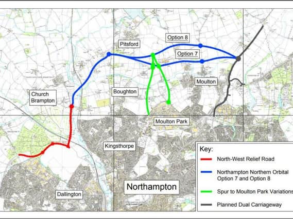 The Northampton Northern Orbital options are in blue. Money for the relief road - in red - is already agreed, leading to fears traffic from Dallington Grange will simply be funnelled through Chapel Brampton and Kingsthorpe