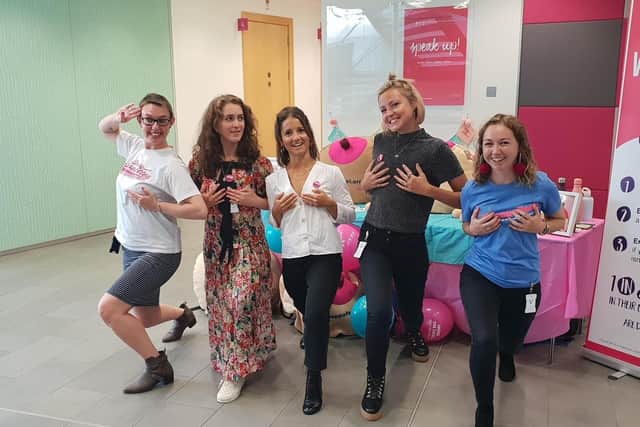 From left to right CoppaFeel! Boobette Hannah, singer Rae Morris, CEO of CoppaFeel! Natalie Haskell, CoppaFeel! founder Kris Hallenga and Ellie (CoppaFeel!)