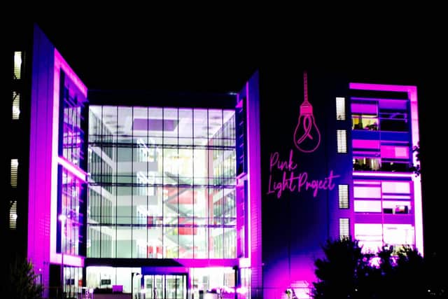 Avon HQ's lights up pink for breast cancer awareness month