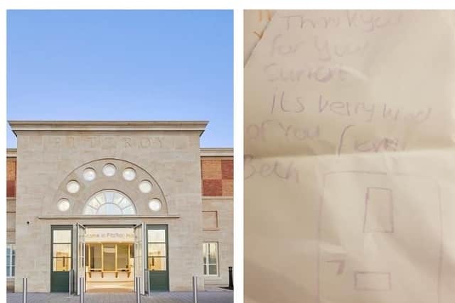 Beth is being kept in an isolation unit at St Andrew's in Northampton for 23 hours a day. Now her father is trying to get her moved into a residential placement. To the right, a picture drawn by Beth shows the door of her 12ft squared unit.