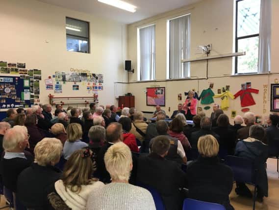 Andrea Leadsom addresses her constituents at a public hearing on Saturday