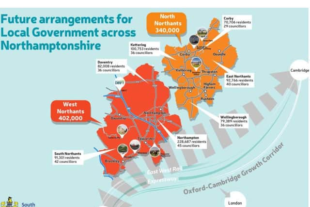 A map illustrating the proposed Local Government Reform in Northamptonshire. Photo: South Northamptonshire Council