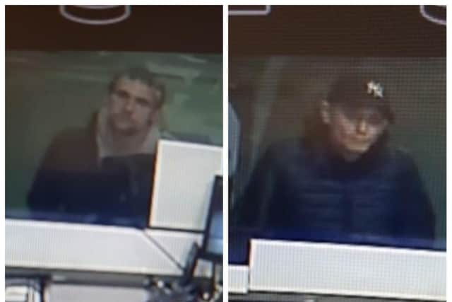 These two men, pictured, are wanted in connection with the fraudulent use of bank cards and the theft of a Mercedes.